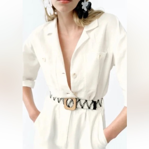 ZARA White Linen blend belted pantsuit jumpsuit romper Size XS - Picture 2 of 11